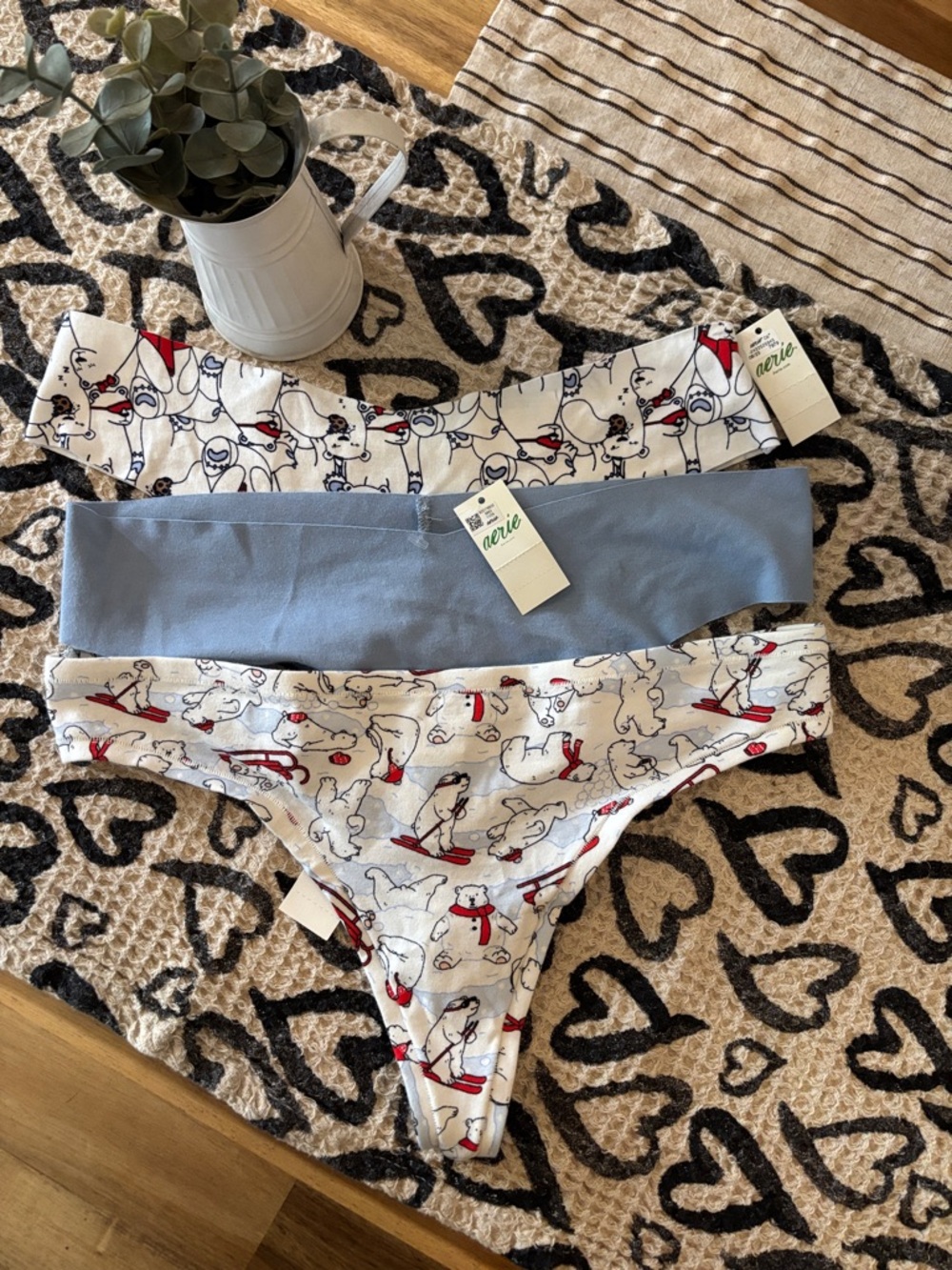 aerie Three-Pack Thong Set - White, Blue, Red Accents